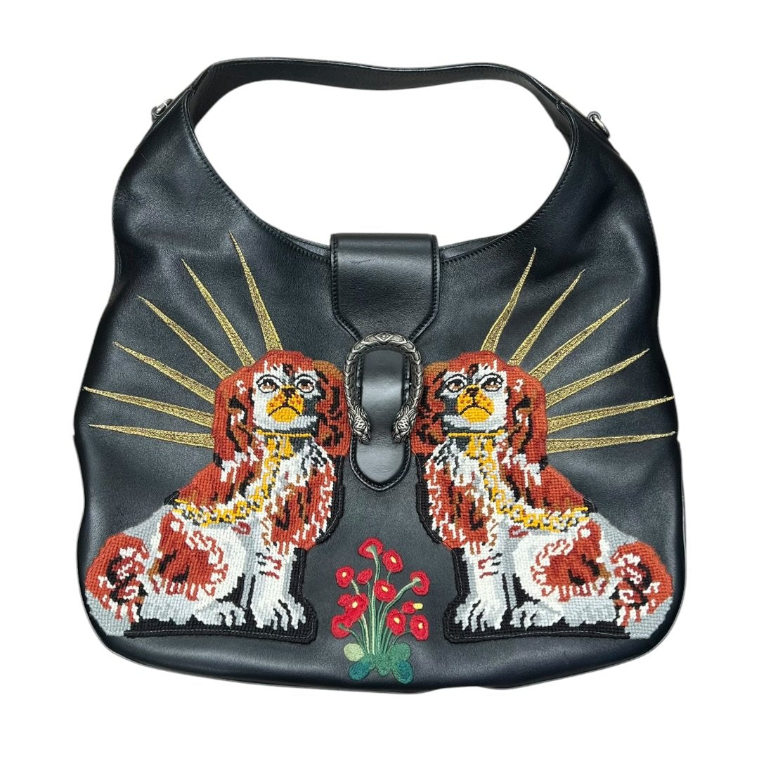 GUCCI Leather Dionysus Hobo Bag with King Charles Spaniel Embroidery Hobo Bag Black, Red, White, Gold, Green Silver Hardware GU653