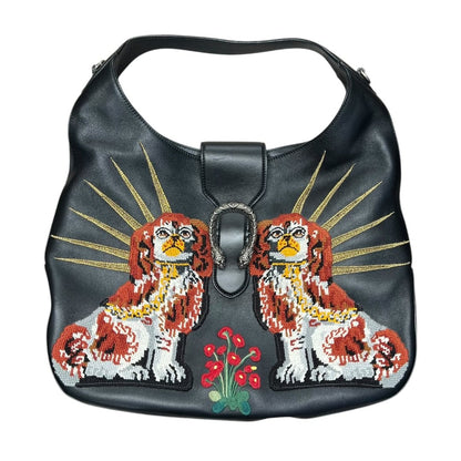 GUCCI Leather Dionysus Hobo Bag with King Charles Spaniel Embroidery Hobo Bag Black, Red, White, Gold, Green Silver Hardware GU653