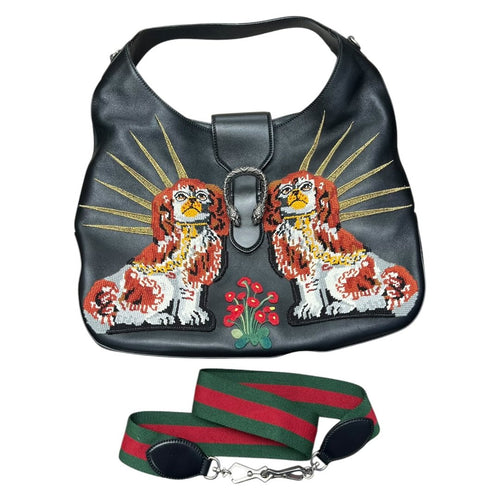 GUCCI Leather Dionysus Hobo Bag with King Charles Spaniel Embroidery Hobo Bag Black, Red, White, Gold, Green Silver Hardware GU653