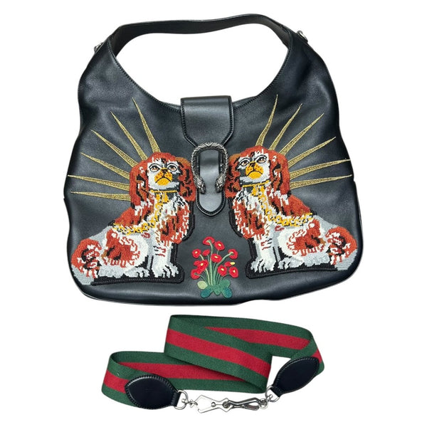 GUCCI Leather Dionysus Hobo Bag with King Charles Spaniel Embroidery Hobo Bag Black, Red, White, Gold, Green Silver Hardware GU653