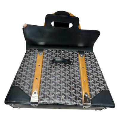GOYARD Goyardine Canvas Trunk Handbag Black / Tan / Yellow Silver Hardware GO20