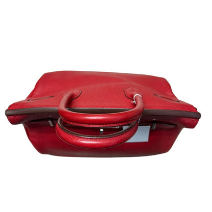 HERMES Clemence Birkin Handbag Red Silver Hardware HE371