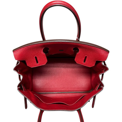 HERMES Clemence Birkin Handbag Red Silver Hardware HE371