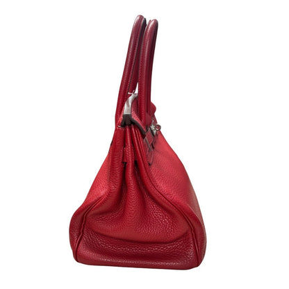 HERMES Clemence Birkin Handbag Red Silver Hardware HE371