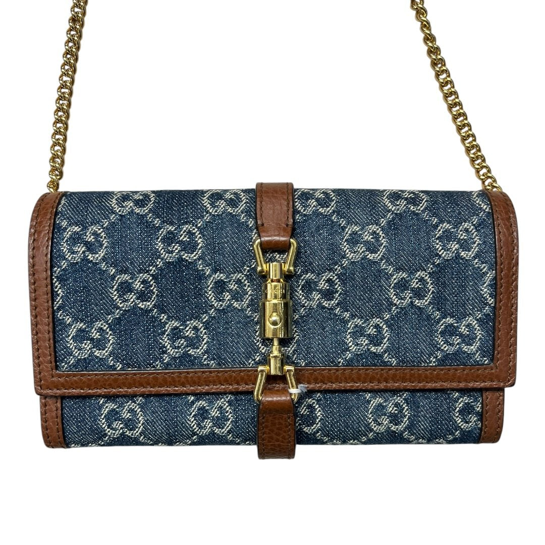 GUCCI Monogram Denim, Leather Jackie 1961 Wallet with Chain Wallet on Chain Blue, Brown Gold Hardware GU652