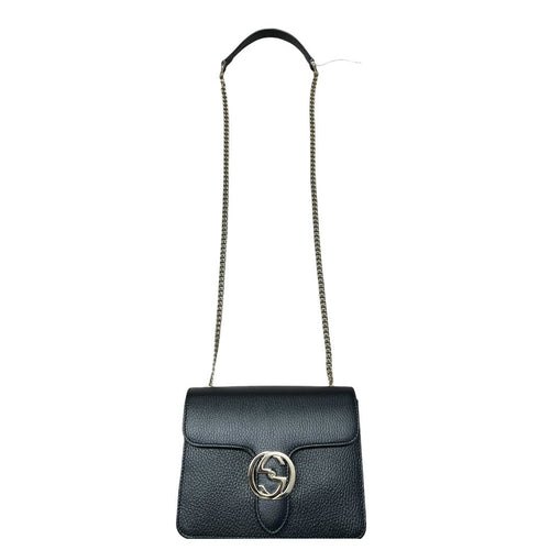GUCCI Grained Leather Interlocking G Shoulder Bag Black Silver Hardware GU661