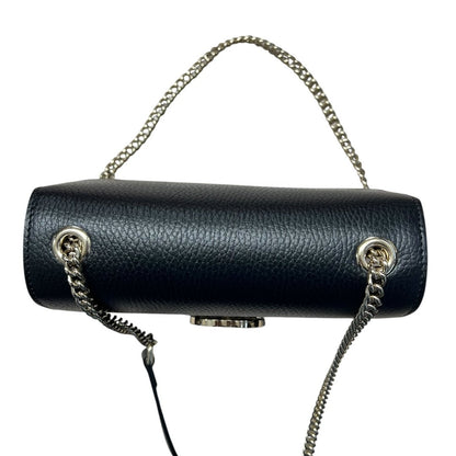 GUCCI Grained Leather Interlocking G Shoulder Bag Black Silver Hardware GU661