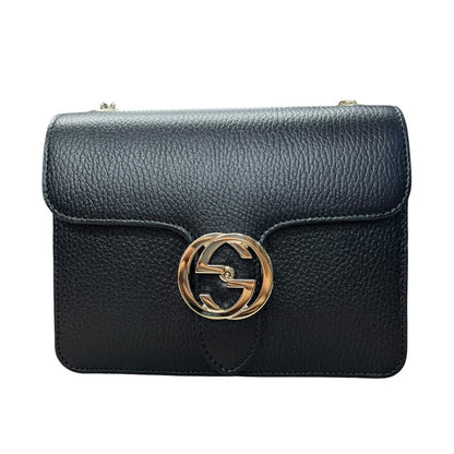 GUCCI Grained Leather Interlocking G Shoulder Bag Black Silver Hardware GU661