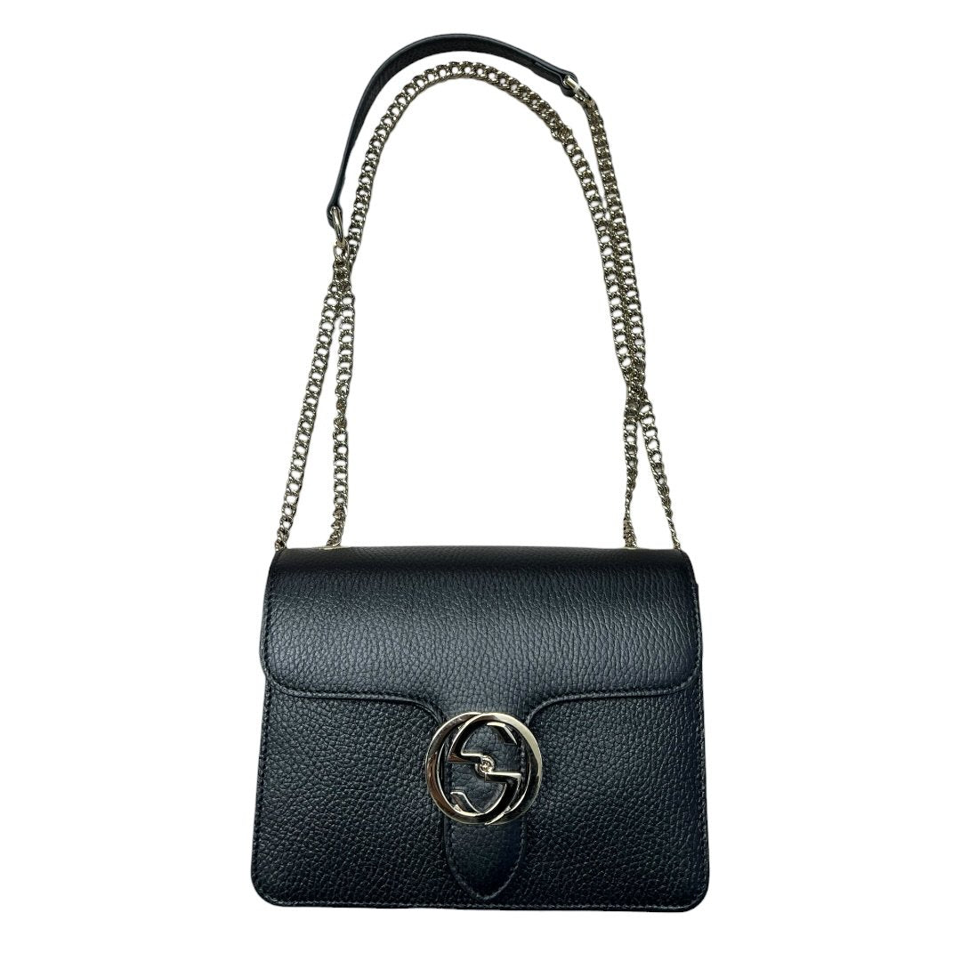 GUCCI Grained Leather Interlocking G Shoulder Bag Black Silver Hardware GU661
