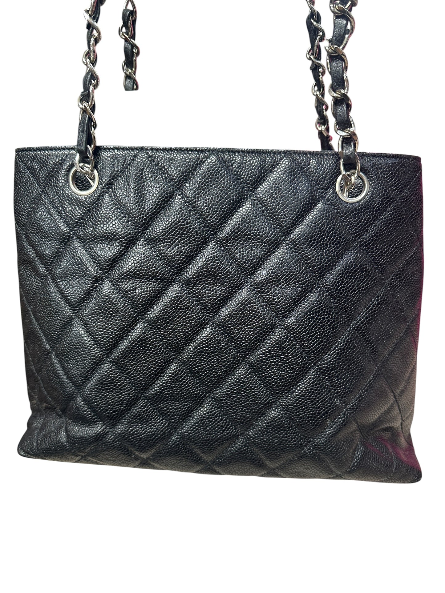 CHANEL Caviar Quilted Shopping Tote with Front Flap Pocket Shoulder Bag Black Silver Hardware CH2177