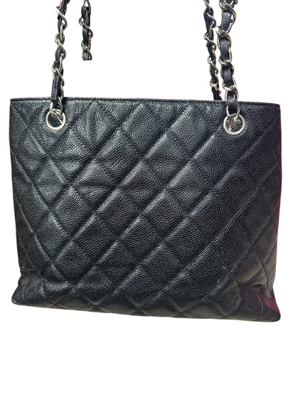 CHANEL Caviar Quilted Shopping Tote with Front Flap Pocket Shoulder Bag Black Silver Hardware CH2177