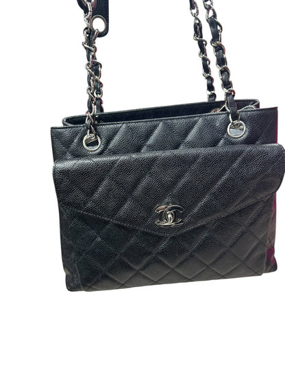 CHANEL Caviar Quilted Shopping Tote with Front Flap Pocket Shoulder Bag Black Silver Hardware CH2177