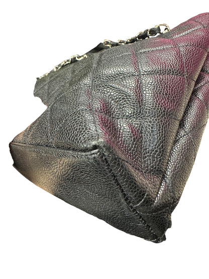 CHANEL Caviar Quilted Shopping Tote with Front Flap Pocket Shoulder Bag Black Silver Hardware CH2177