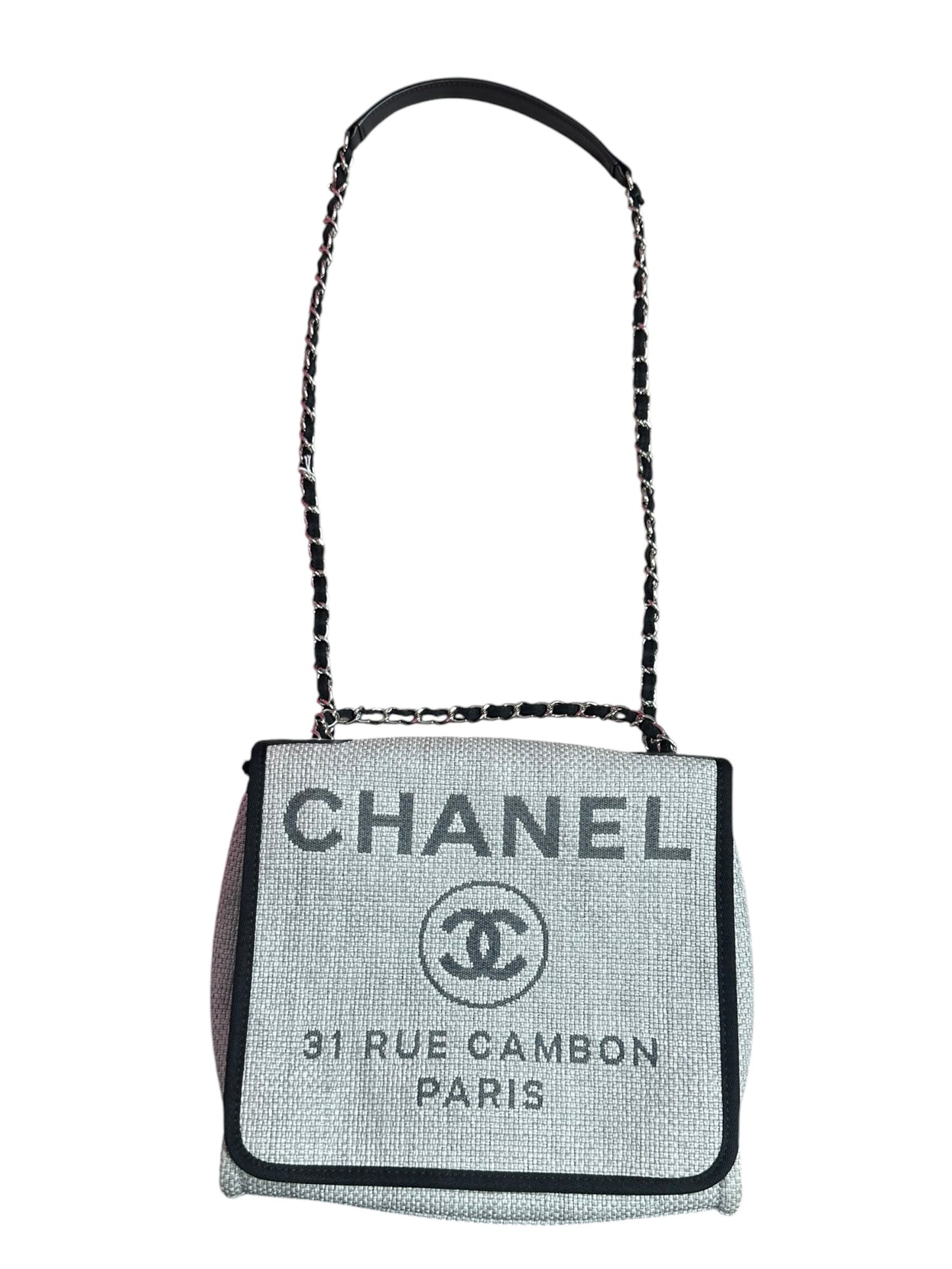 CHANEL Canvas Deauville Wallet on Chain WOC Crossbody Bag Light Grey Silver Hardware CH2178