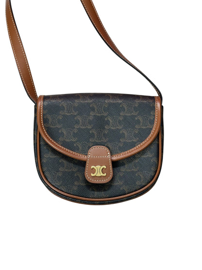 CELINE Triomphe Canvas Folco Saddle Bag Mini Black Tan Gold Hardware Ce265