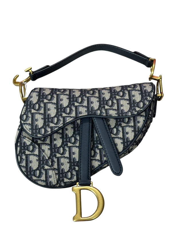 CHRISTIAN DIOR Oblique Jacquard Saddle Bag Medium Navy Gold Hardware Ch2171