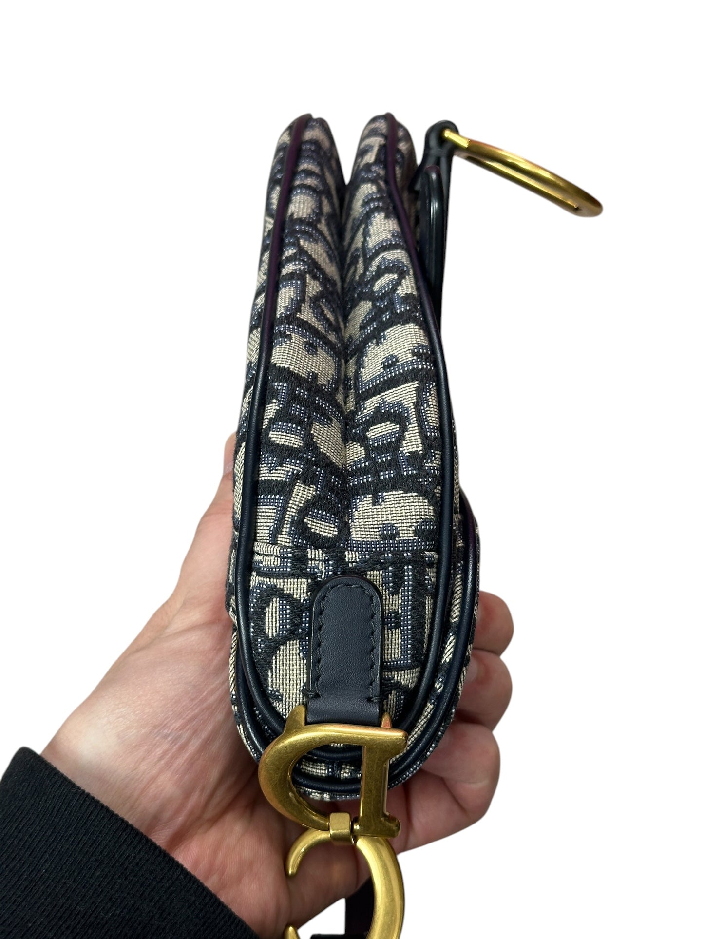 CHRISTIAN DIOR Oblique Jacquard Saddle Bag Medium Navy Gold Hardware Ch2171
