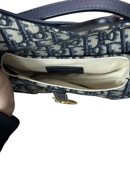 CHRISTIAN DIOR Oblique Jacquard Saddle Bag Medium Navy Gold Hardware Ch2171