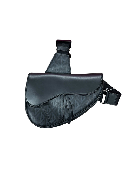 CHRISTIAN DIOR CD Diamond Canvas Saddle Sling Crossbody Bag Black Ruthenium Hardware Ch2172