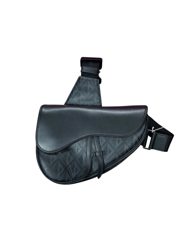 CHRISTIAN DIOR CD Diamond Canvas Saddle Sling Crossbody Bag Black Ruthenium Hardware Ch2172
