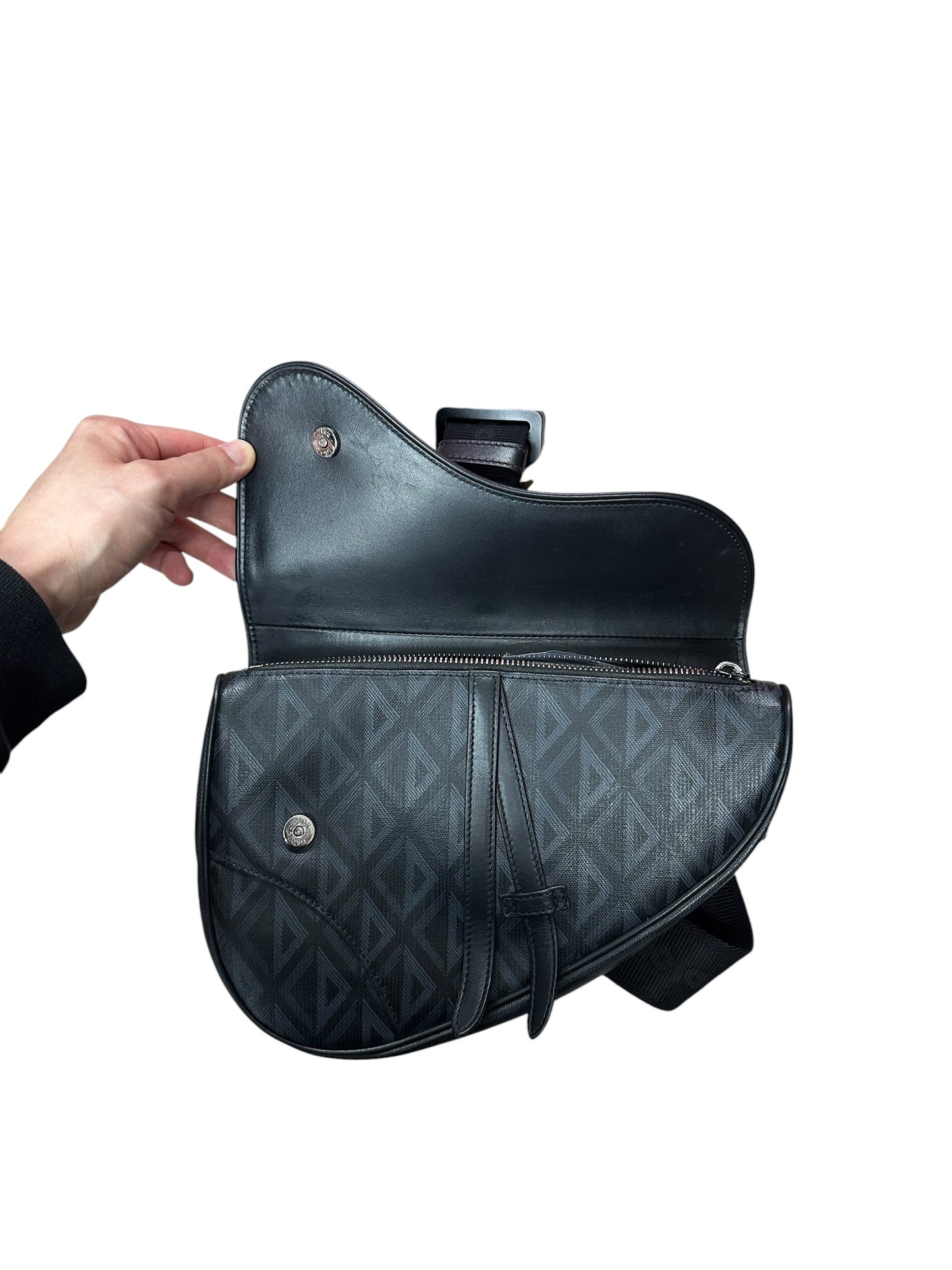 CHRISTIAN DIOR CD Diamond Canvas Saddle Sling Crossbody Bag Black Ruthenium Hardware Ch2172
