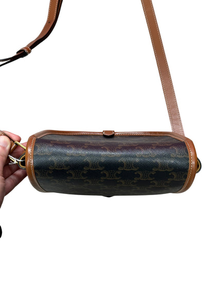 CELINE Triomphe Canvas Folco Saddle Bag Brown Tan Gold Hardware Ce264