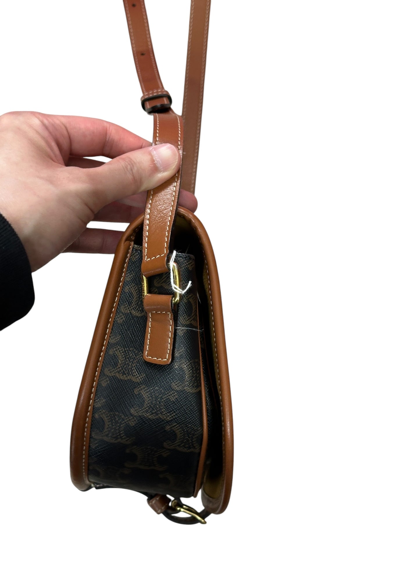 CELINE Triomphe Canvas Folco Saddle Bag Brown Tan Gold Hardware Ce264