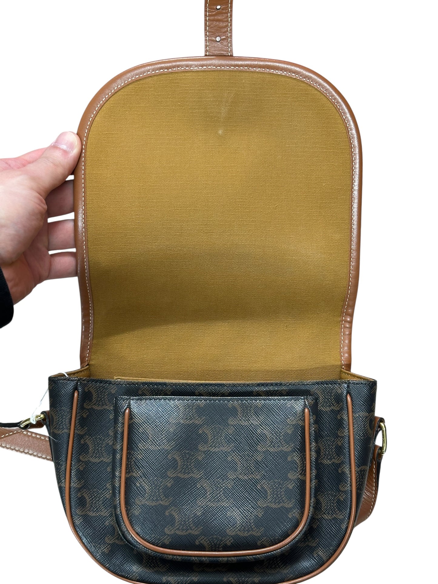 CELINE Triomphe Canvas Folco Saddle Bag Brown Tan Gold Hardware Ce264