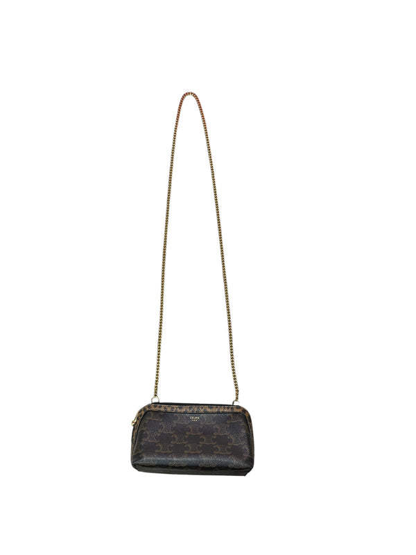 CELINE Triomphe Canvas Animal Print Chain Pouch Crossbody Bag Brown Gold Hardware Ce267