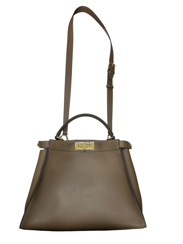 FENDI Peekaboo ISeeU Medium Calfskin Leather 2-way Bag Taupe Gold Hardware FE386