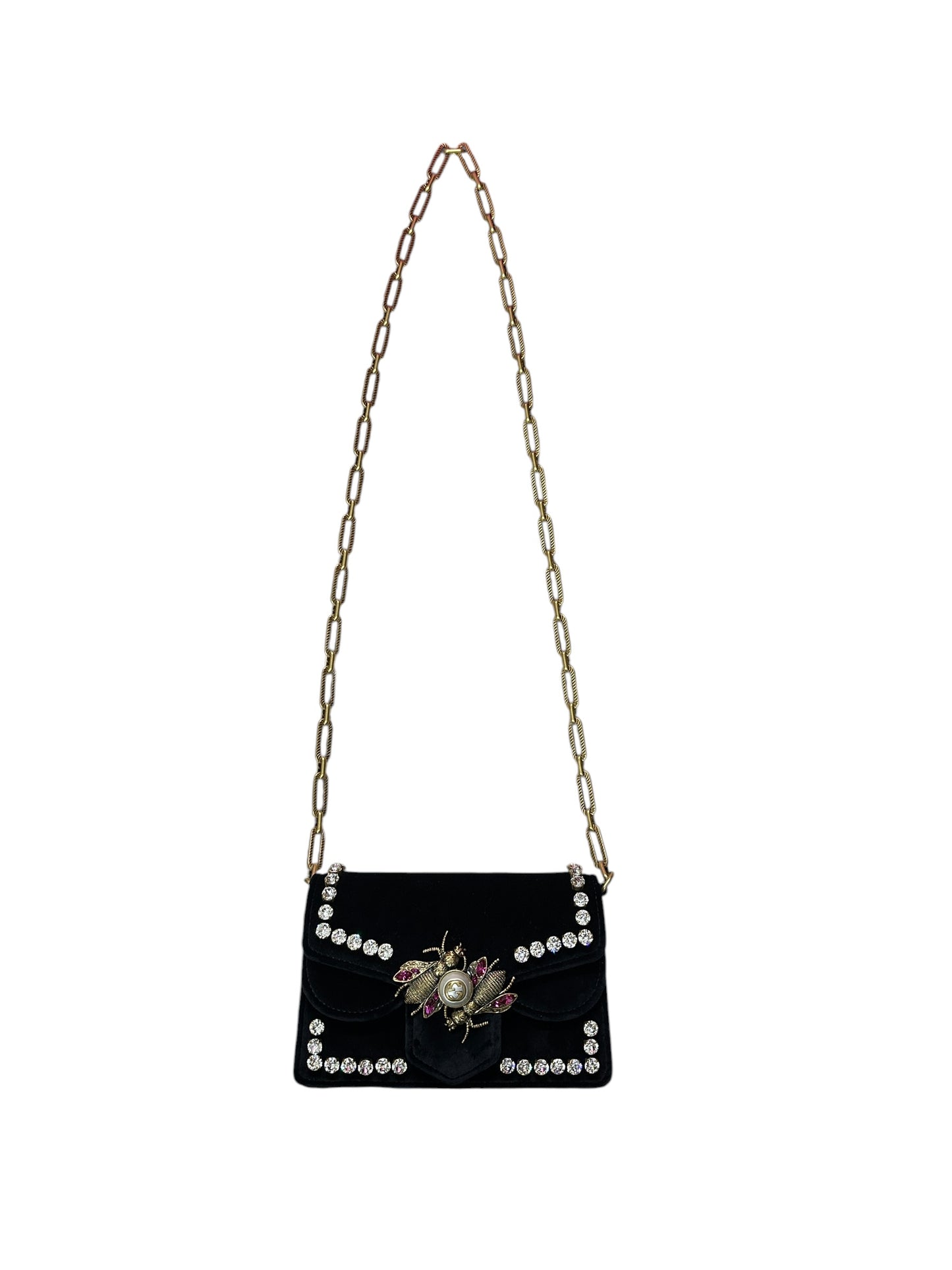 GUCCI Broadway Velvet Bee Crystal Mini Shoulder Bag Black Gold Hardware Gu669