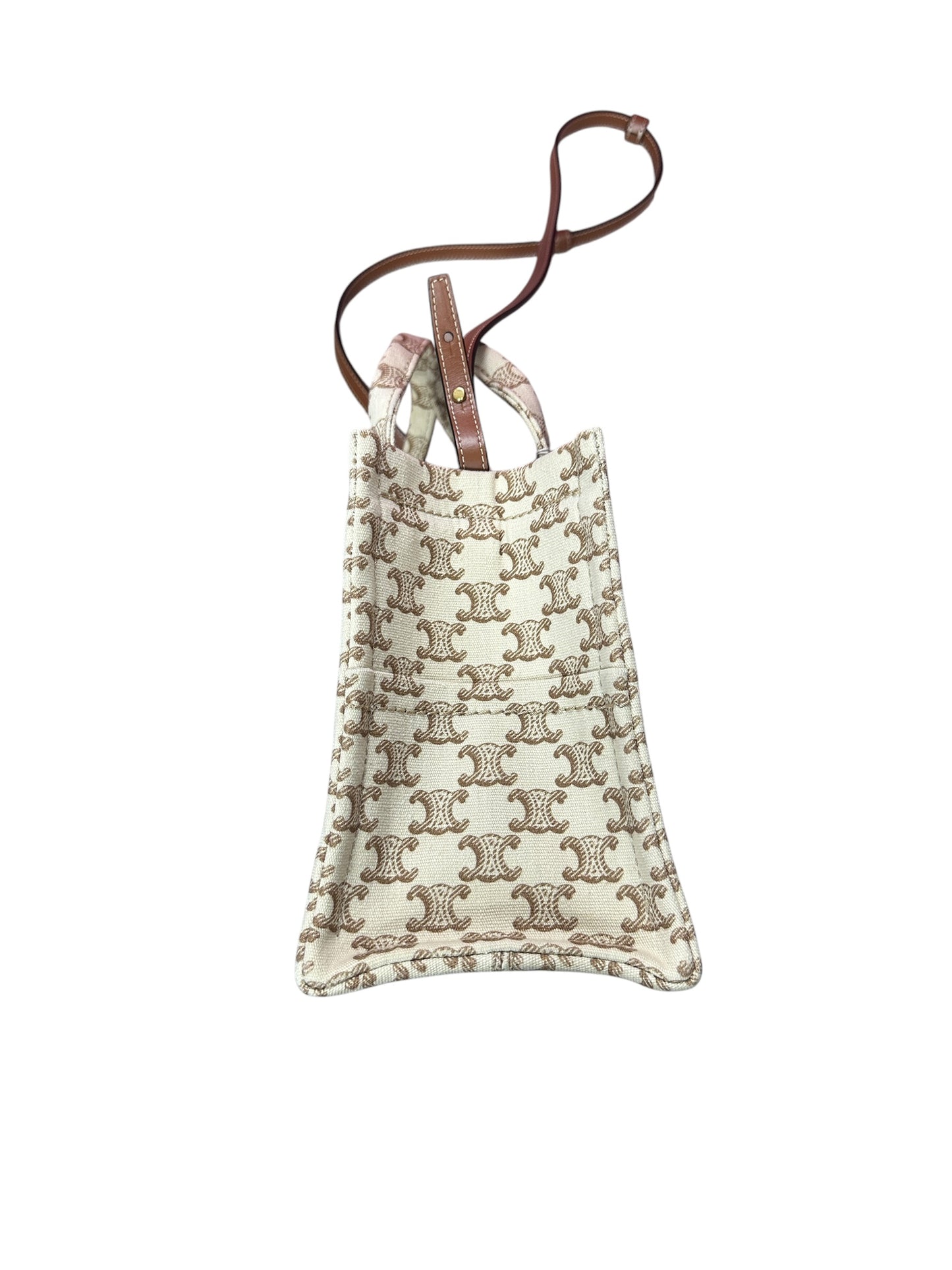 CELINE Triomphe Embroidered Canvas Cabas Tote Bag Small White Tan Gold Hardware Ce266