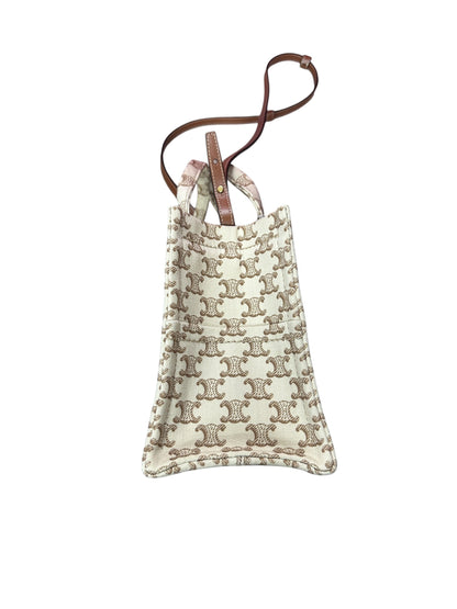 CELINE Triomphe Embroidered Canvas Cabas Tote Bag Small White Tan Gold Hardware Ce266