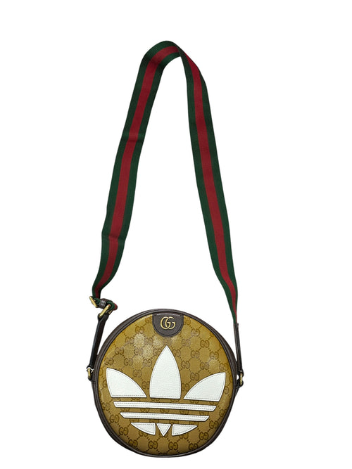 GUCCI x adidas GG Crystal Trefoil Round Shoulder Bag Beige Brown Gold Hardware Gu670