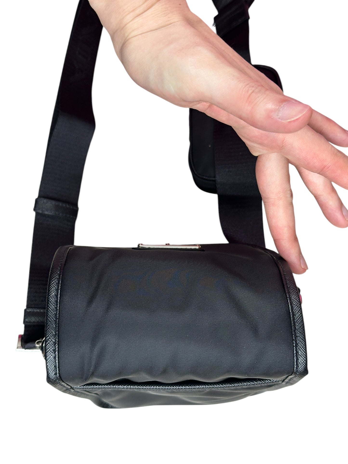 PRADA Re-Nylon Saffiano Vertical Crossbody Bag Black Silver Hardware PR209