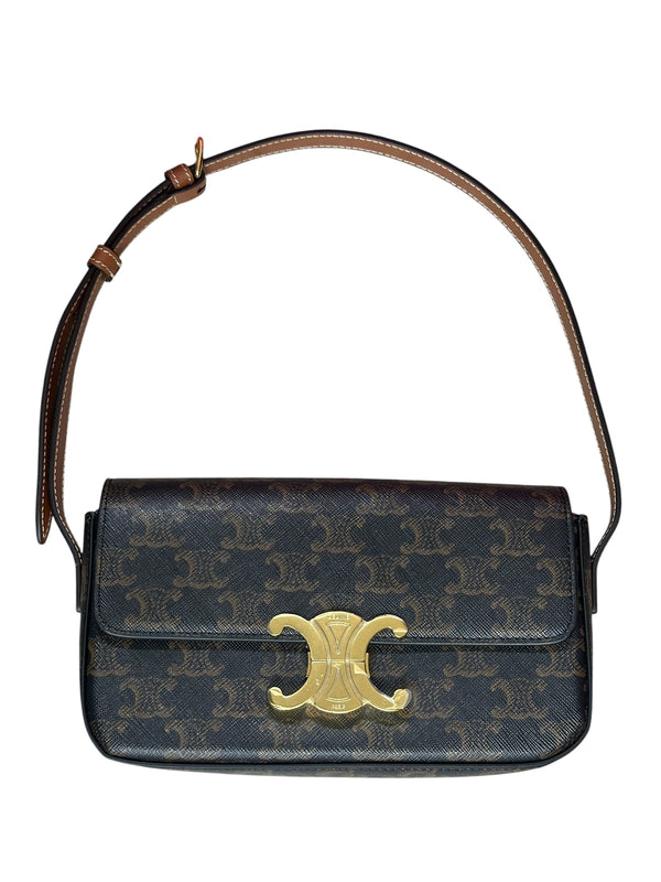 CELINE Triomphe Canvas Calfskin Shoulder Bag Brown Tan Gold Hardware Ce269