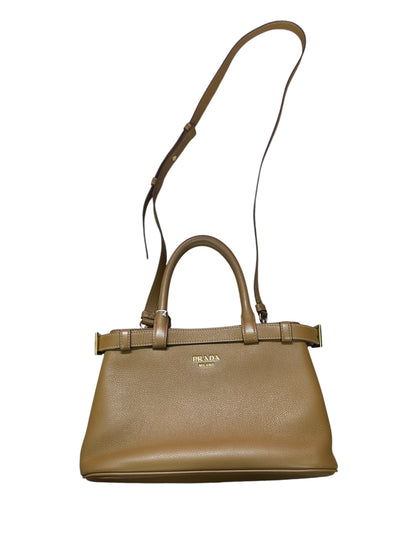 PRADA Buckle Calfskin Leather 2way Handbag Medium Caramel Gold Hardware PR210