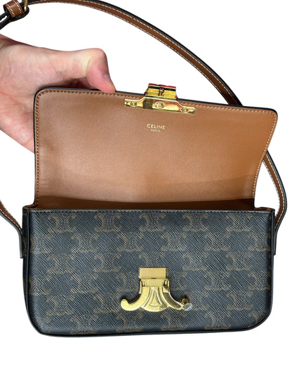 CELINE Triomphe Canvas Calfskin Shoulder Bag Brown Tan Gold Hardware Ce269