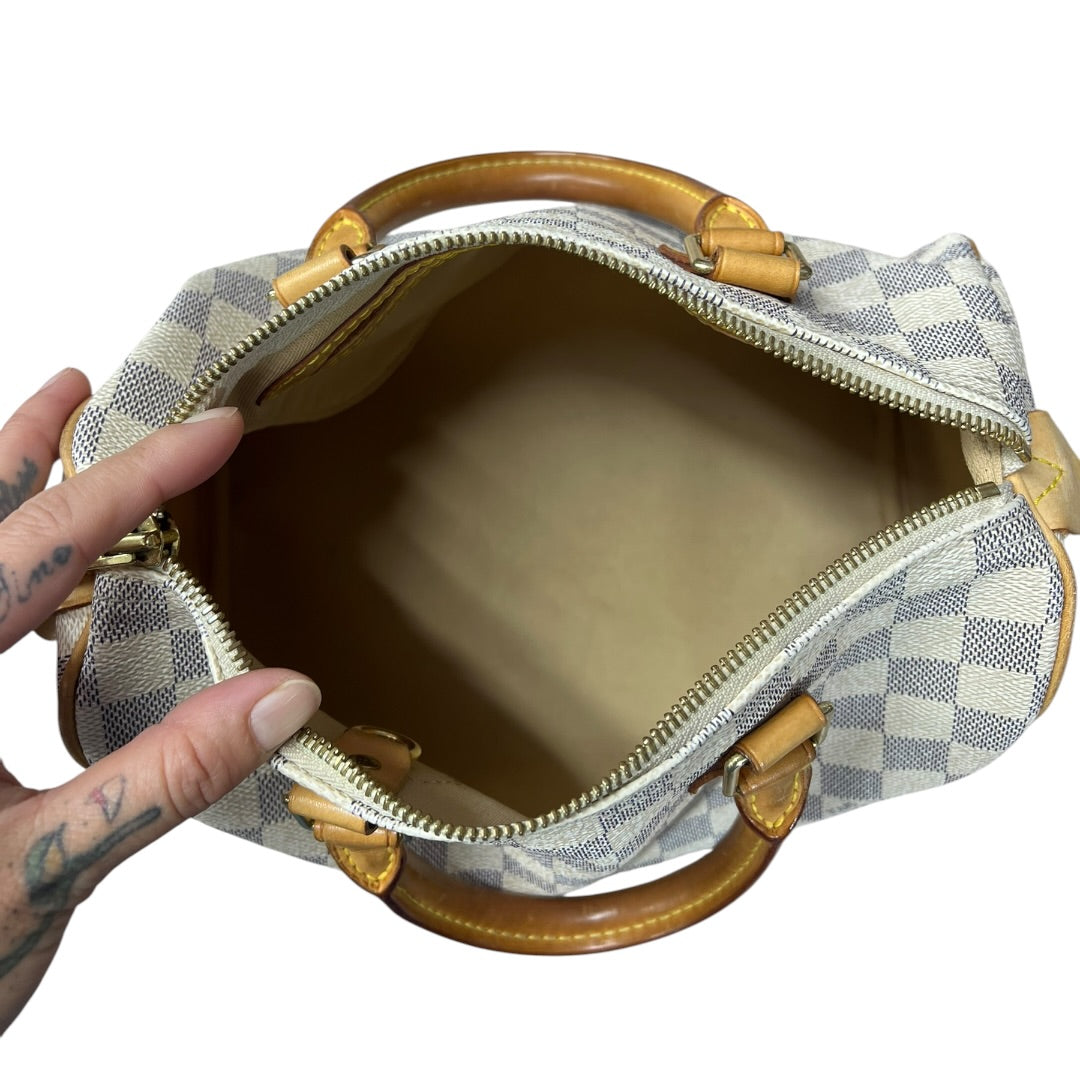 LOUIS VUITTON Damier Azur Speedy 25 Handbag White, Blue Gold Hardware LO2142