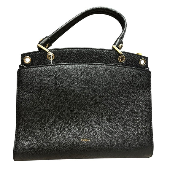 FURLA Grained Leather Handbag Black Gold Hardware Fu1