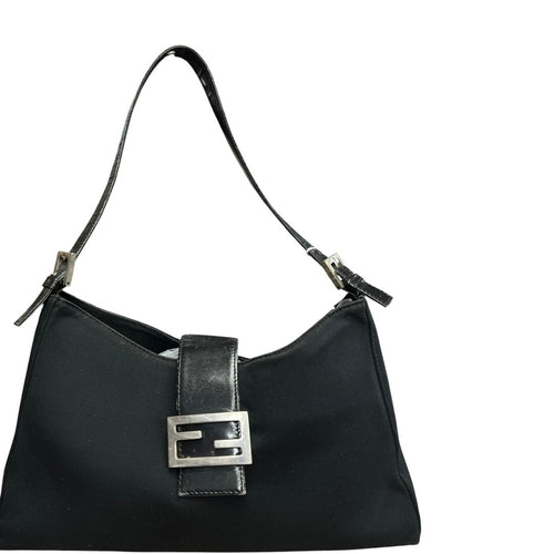 FENDI Nylon Canvas Baguette (though the shape is more of a hobo/shoulder bag, the buckle is iconic Fendi, often associated with Baguette styles) Shoulder Bag Black Silver Hardware Fe387