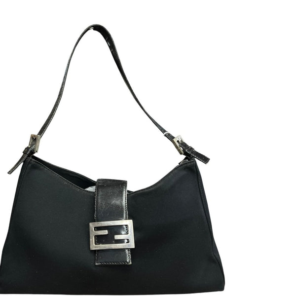 FENDI Nylon Canvas Baguette (though the shape is more of a hobo/shoulder bag, the buckle is iconic Fendi, often associated with Baguette styles) Shoulder Bag Black Silver Hardware Fe387