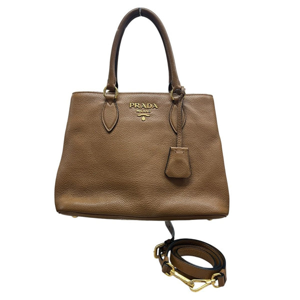 PRADA Vitello Daino Vitello Daino Leather Tote Handbag Brown Gold Hardware PR212