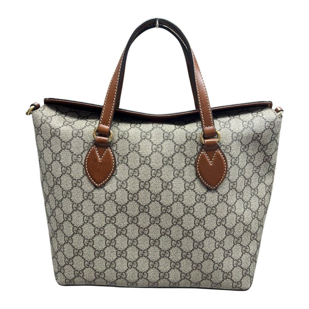 GUCCI GG Supreme Canvas, Leather GG Supreme Tote Bag Tote Beige/Ebony, Brown Gold Hardware GU673