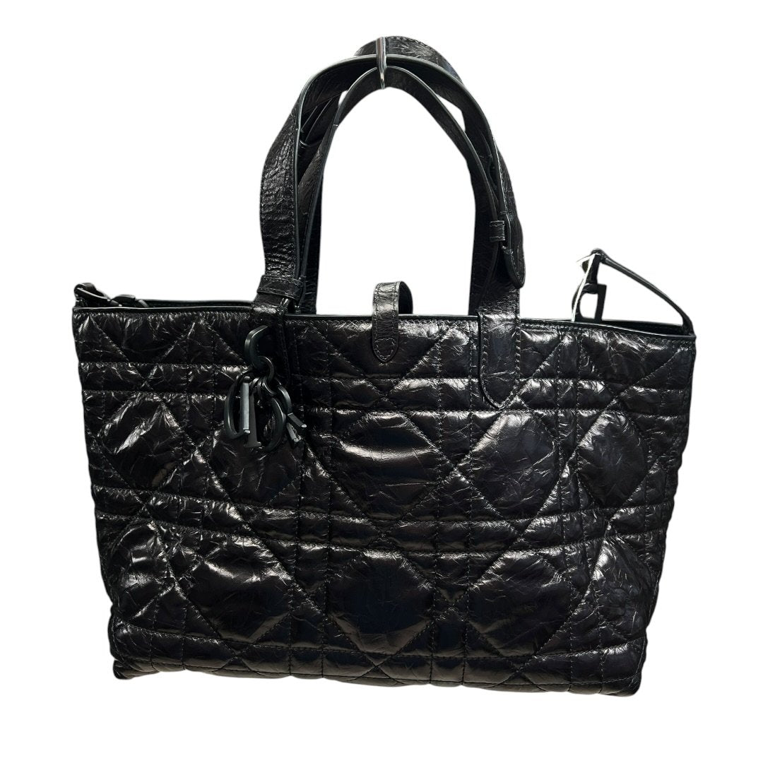 CHRISTIAN DIOR Glazed Leather Cannage Tote Tote Bag Black Black-tone Hardware Ch2179