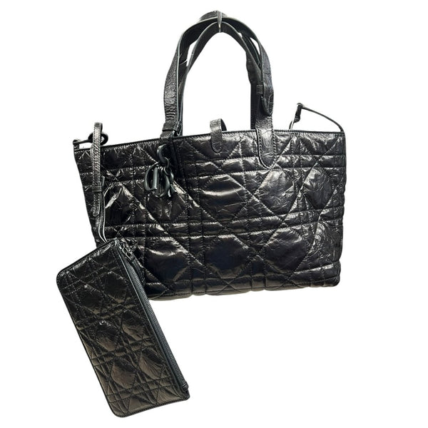 CHRISTIAN DIOR Glazed Leather Cannage Tote Tote Bag Black Black-tone Hardware Ch2179