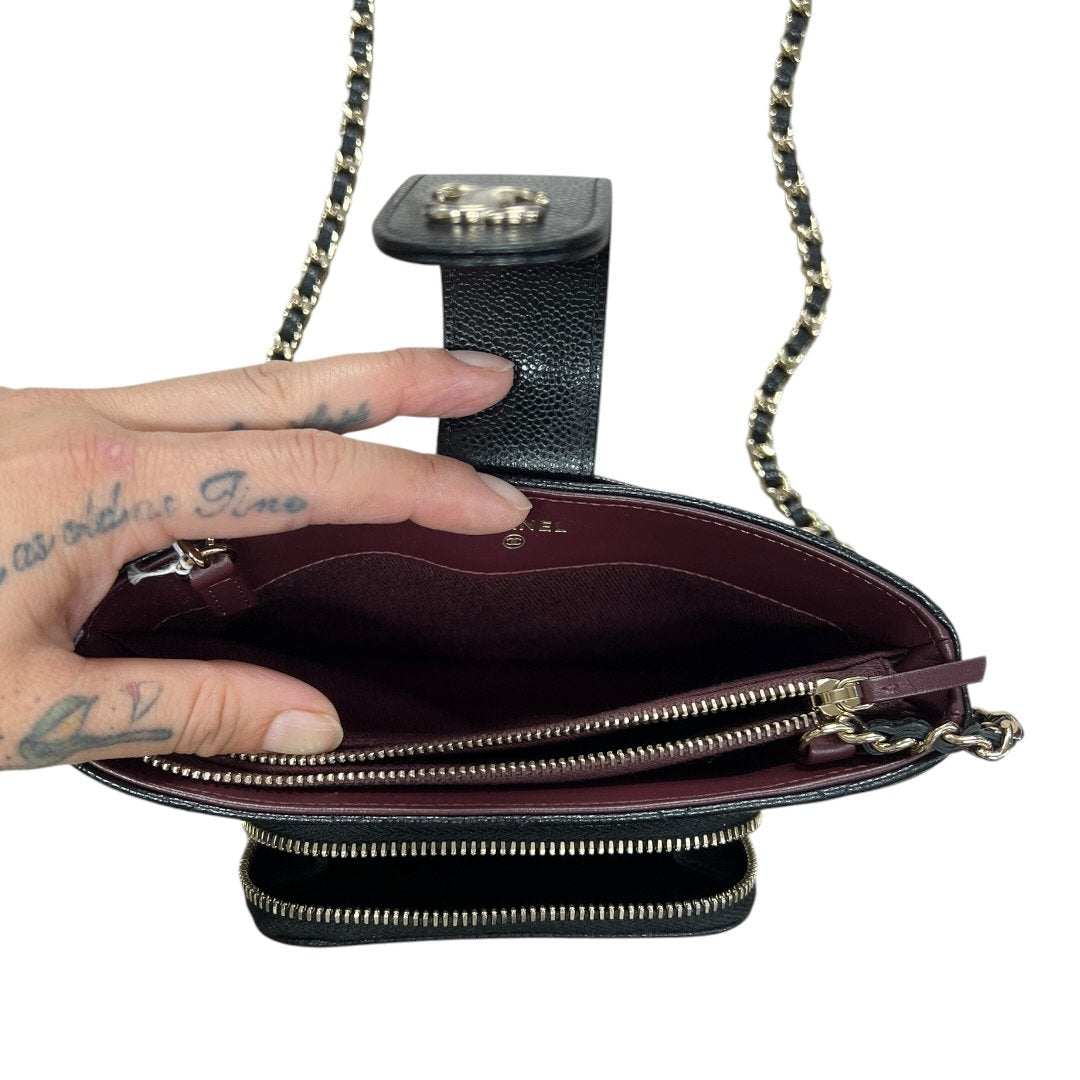 CHANEL Caviar Quilted Phone Holder with Chain Shoulder Bag Black Gold Hardware CH2185