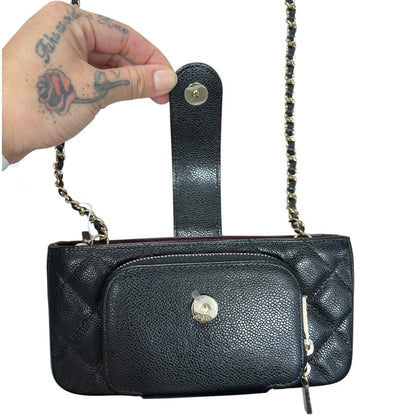 CHANEL Caviar Quilted Phone Holder with Chain Shoulder Bag Black Gold Hardware CH2185