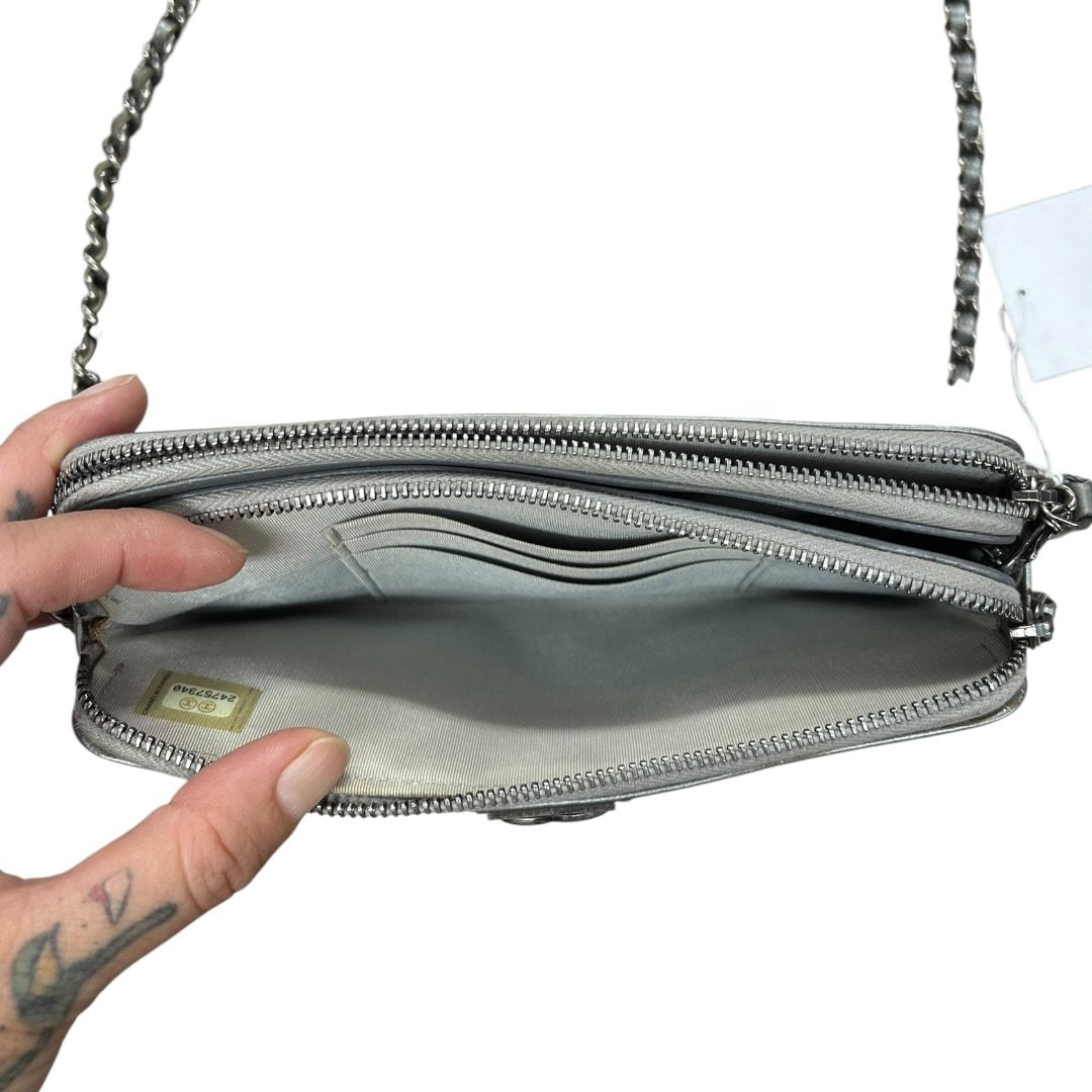 CHANEL Metallic Grained Calfskin Boy Chanel Wallet on Chain Shoulder Bag Metallic Silver Ruthenium Hardware CH2186
