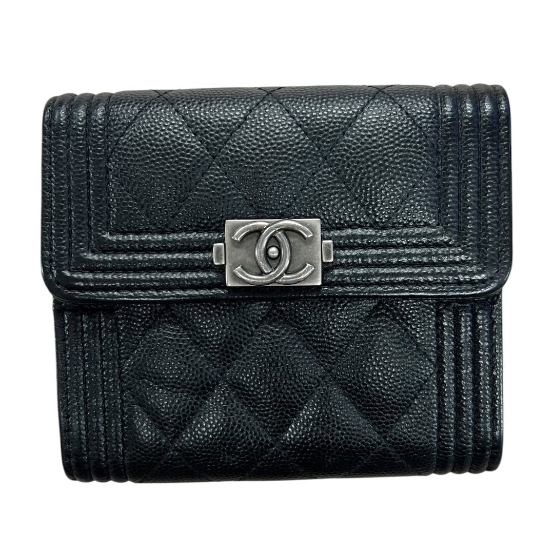 CHANEL Grained Calfskin Boy Chanel Small Flap Wallet Wallet Black Silver Hardware CH2187